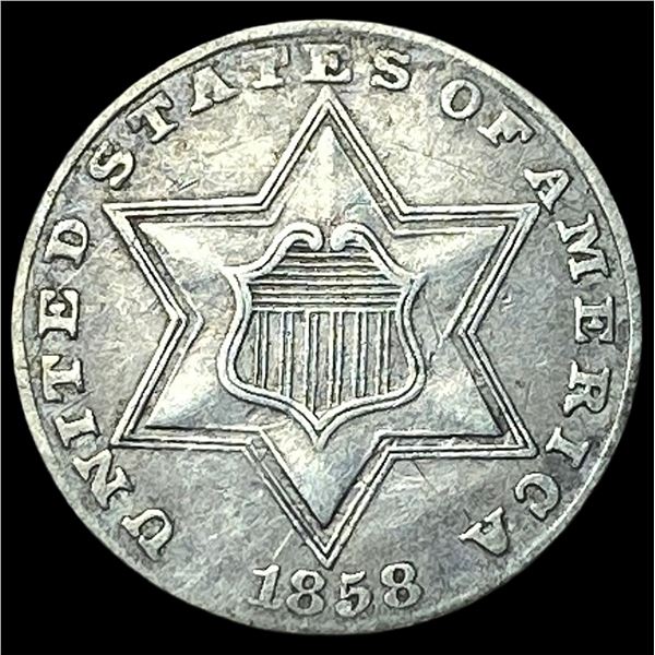 1858 Silver Three-Cent Piece NEARLY  UNCIRCULATED