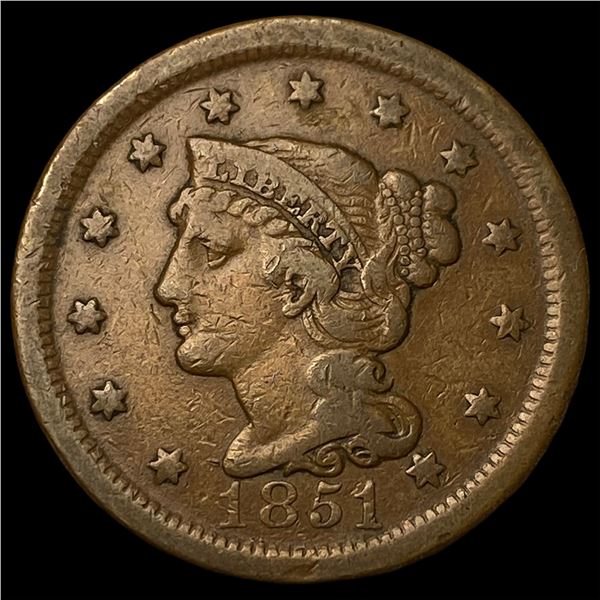 1851 Braided Hair Large Cent LIGHTLY  CIRCULATED