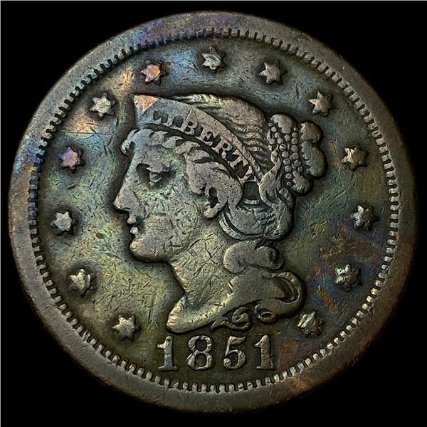 1851 Braided Hair Large Cent LIGHTLY  CIRCULATED