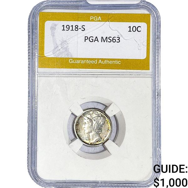 1918-S Mercury Silver Dime PGA MS63
