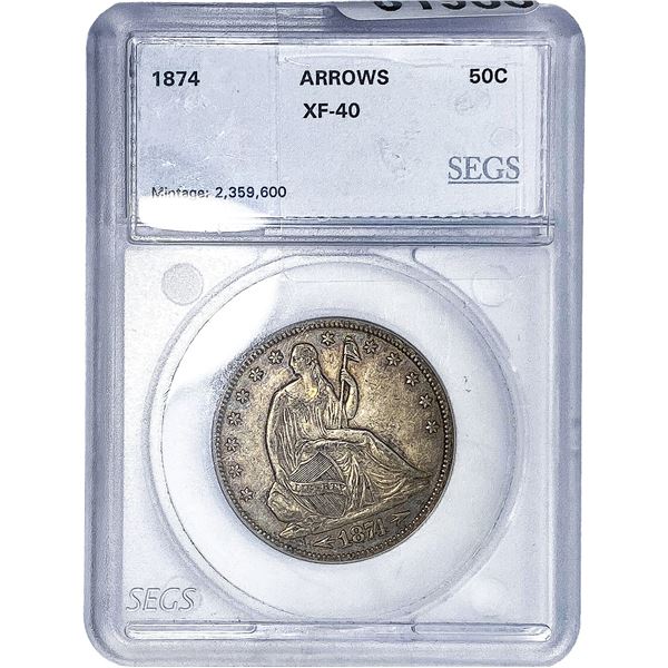 1874 Seated Liberty Half Dollar SEGS XF40 Arrows