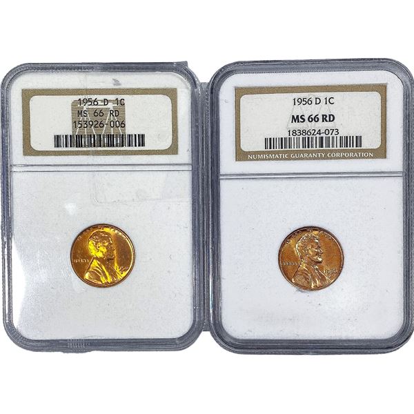 [2 Coins] 1956-D Wheat Cent NGC MS66 RD