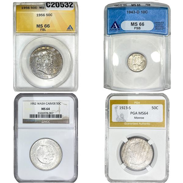 [4 Coins] 1923-1956 U.S. Coin Lot 10C-50C MS64-66