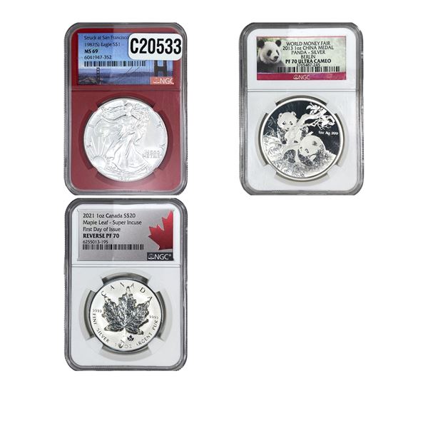 [3 Coins] 1987-2021 Silver 1 oz Coins NGC PF/MS69-70