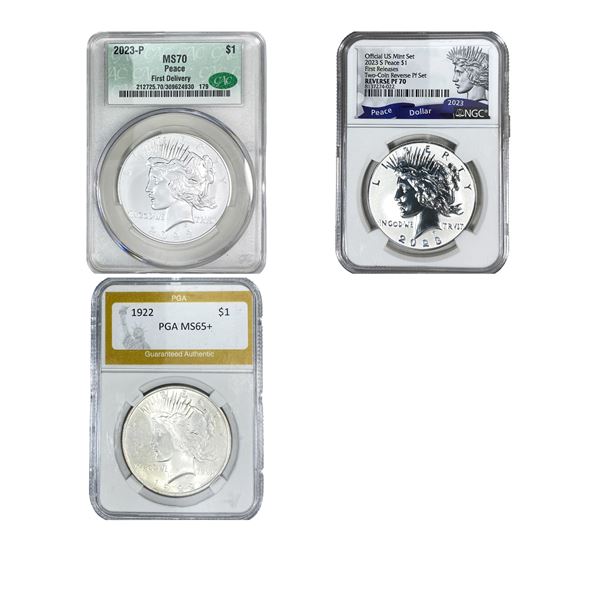 [3 Coins] 1922-2023 Silver Peace Dollar PF/MS65-70