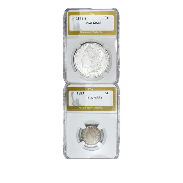 [2 Coins] 1879-1883 Morgan $1 & Victory 5C PGA MS63