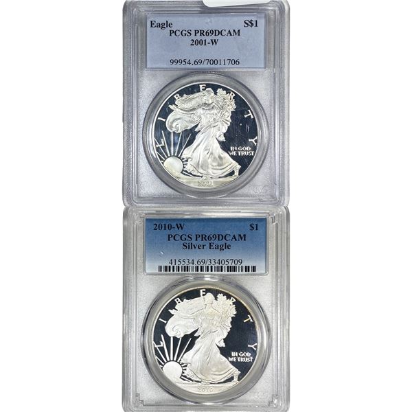 [2 Coins] 2001-2010 Silver Eagle PCGS PR69 DCAM