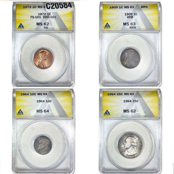 [4 Coins] 1909-1972 U.S. Coin Lot 1C-25C ANACS MS62-64