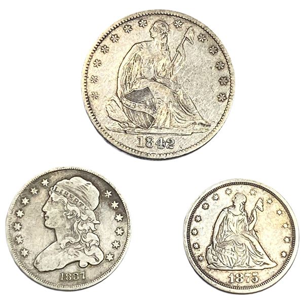 [3 Coins] 1837-1875 20C, Cap. Bust 25C, Seat Lib 50C