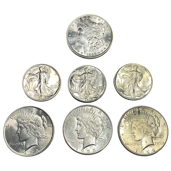 [7 Coins] 1886-1923 Walk. Lib 50C, Morgan & Peace $1