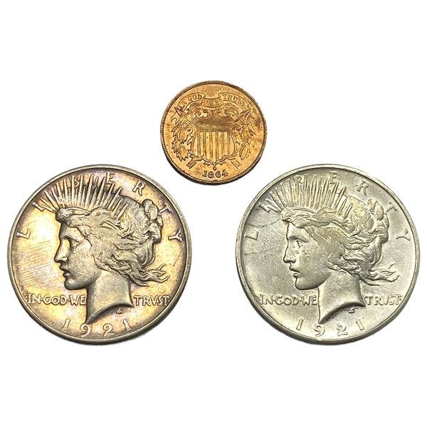 [3 Coins] 1864-1921 2C, Peace $1s