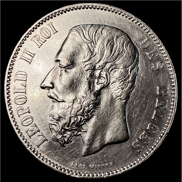 1876 Belgium Silver 5 Francs Leopold II  CLOSELY UNCIRCULATED