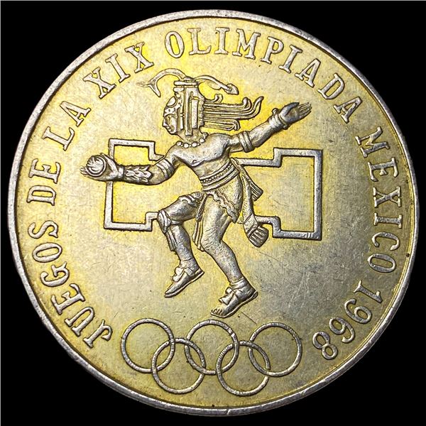 1968 Mexico Silver 25 Pesos Olympic Coin  NEARLY UNCIRCULATED