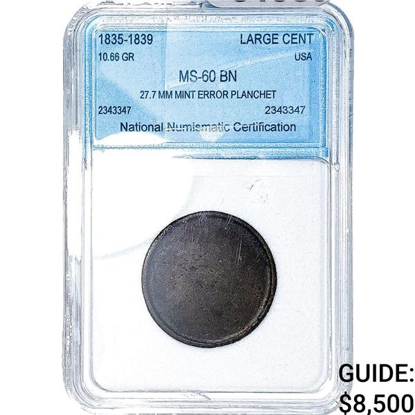 1835-1839 Coronet Head Large Cent NNC MS60 BN