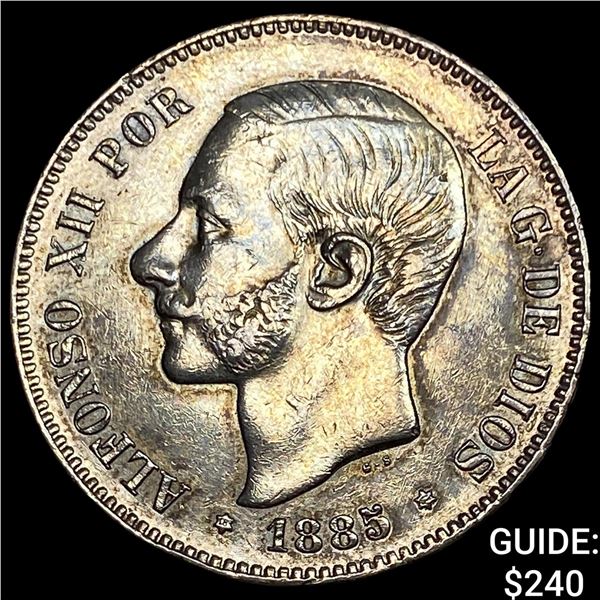 1885 Spain Silver 5 Pesetas Toned
