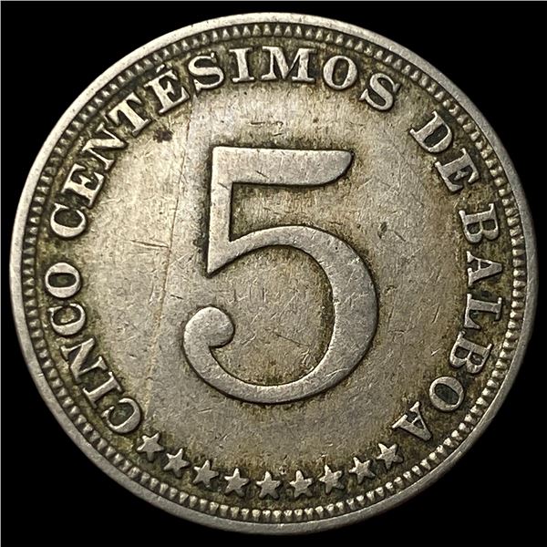 1929 Panama Copper Nickel 5 Centesimos KM 9