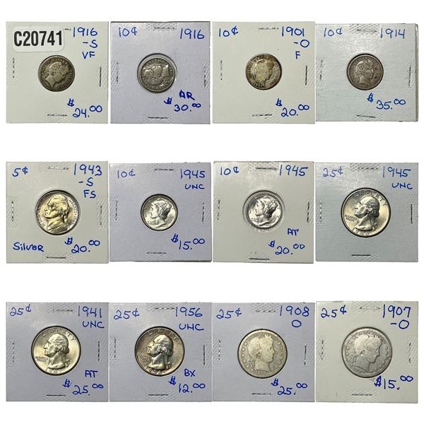 [12 Coins] 1907-1956 U.S. Coin Lot 5C-25C
