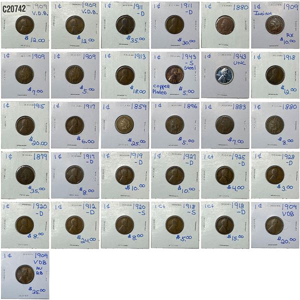 [31 Coins] 1859-1915 U.S. 1C Coin Lot