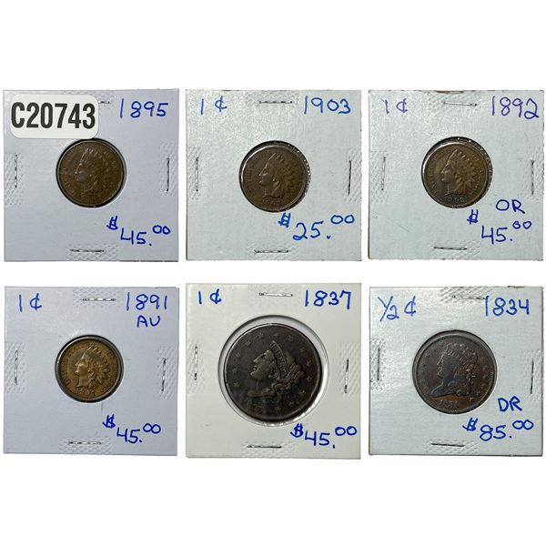 [6 Coins] 1834-1903 U.S. Coin Lot 1/2C, LC, 1C