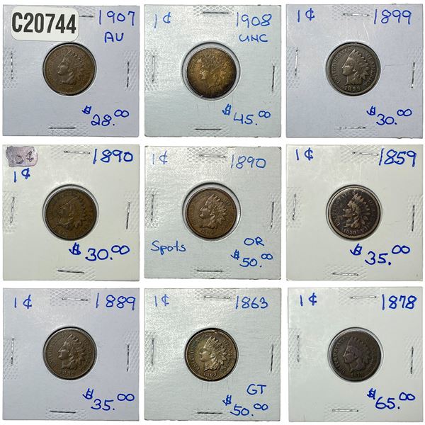 [9 Coins] 1859-1908 U.S. 1C Coin Lot