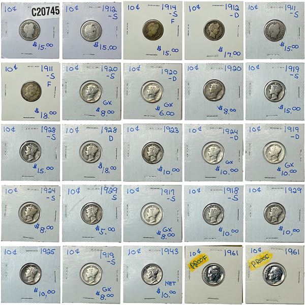 [25 Coins] 1905-1961 U.S. 10C Coin Lot