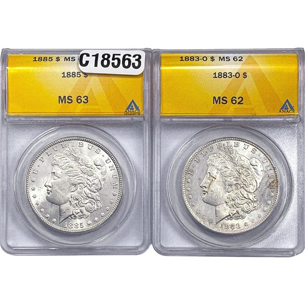 [2 Coins] 1883-1885 Morgan Silver Dollar ANACS MS62-63