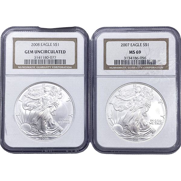 [2 Coins] 2007-2008 Silver Eagle NGC MS69
