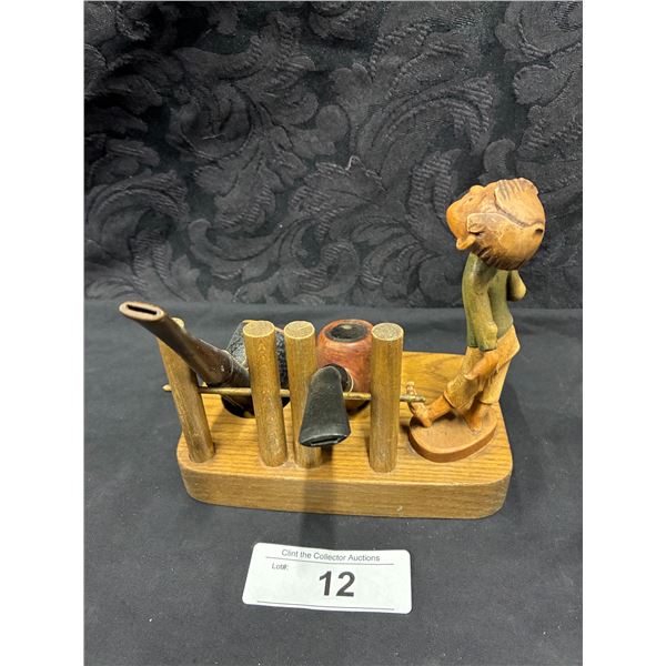 Vintage Ornate wooden pipe stand with two pipes