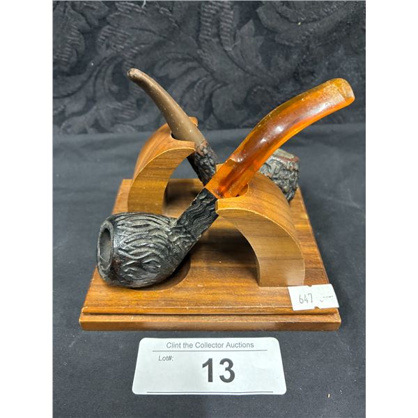 Vintage wooden ornate pipe stand, 2 vintage pipes