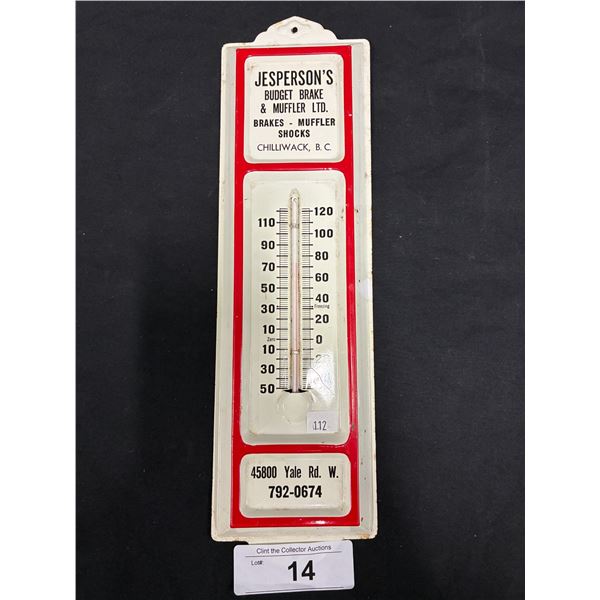 Vintage metal Jesperson's Break and Muffler shop Thermometer, 13"