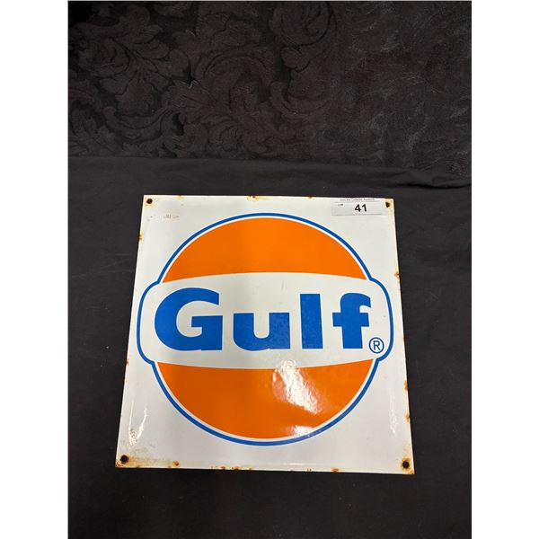 Vintage Porcelain Convex Gulf Sign, 12'x12'