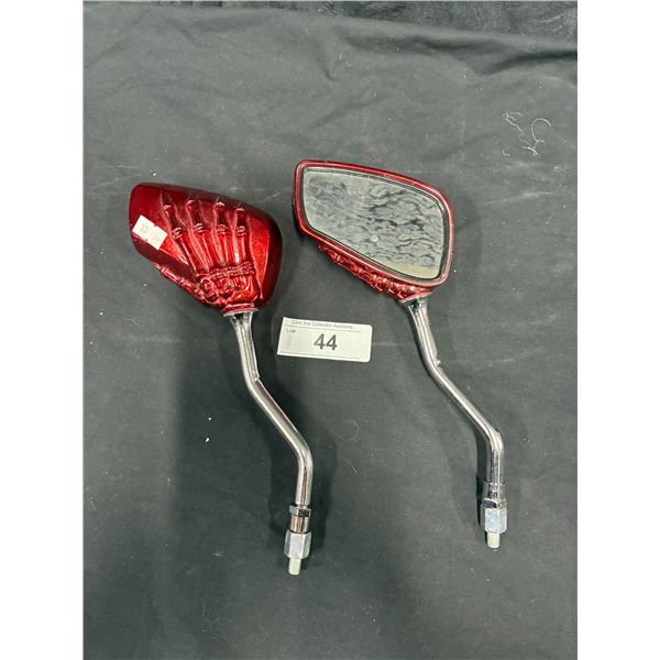 Pair of unique chopper mirrors, red anodized skeleton hand design