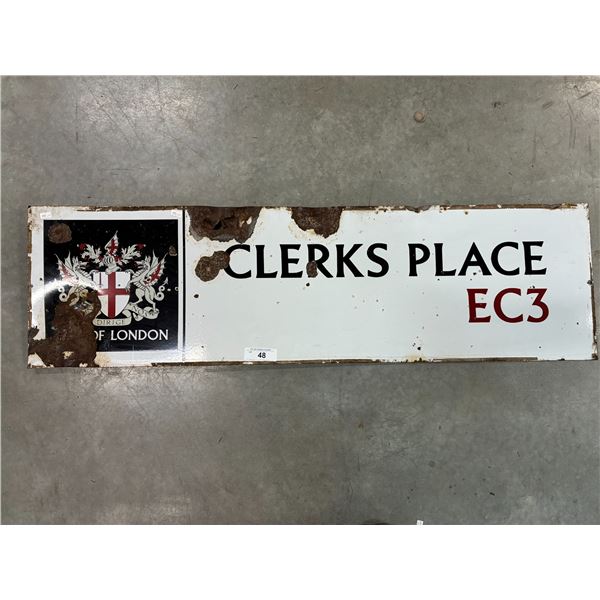 Very rare 1940s Clerks Place Porcelain sign, lots of military. 46"x13"