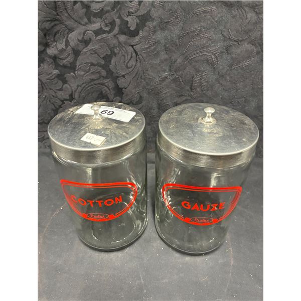 2 Vintage glass Dr. Office Jars, 7"