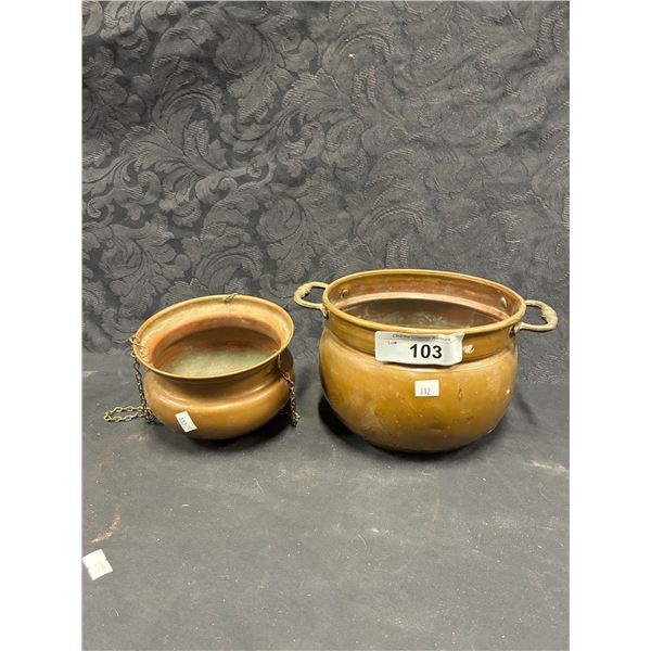 2 antique copper pots, 1 hanging