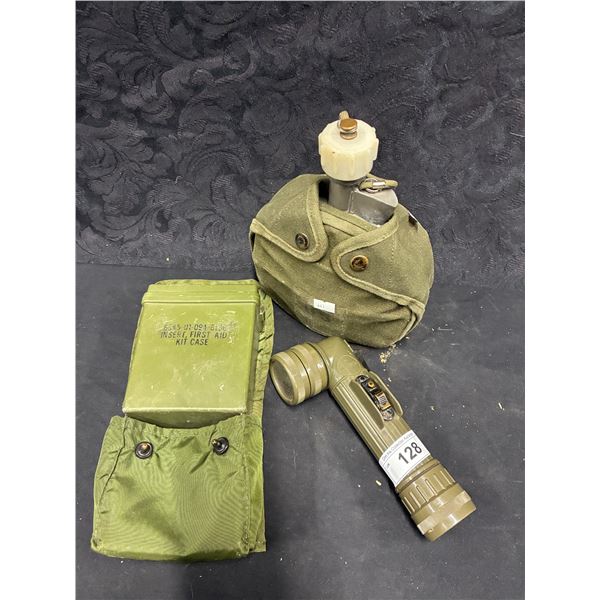 Vintage 3 piece military lot, including first aid kit, canteen and flashlight