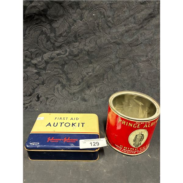 Vintage Johnson and Johnson first aid auto kit and Prince Albert tobacco tin