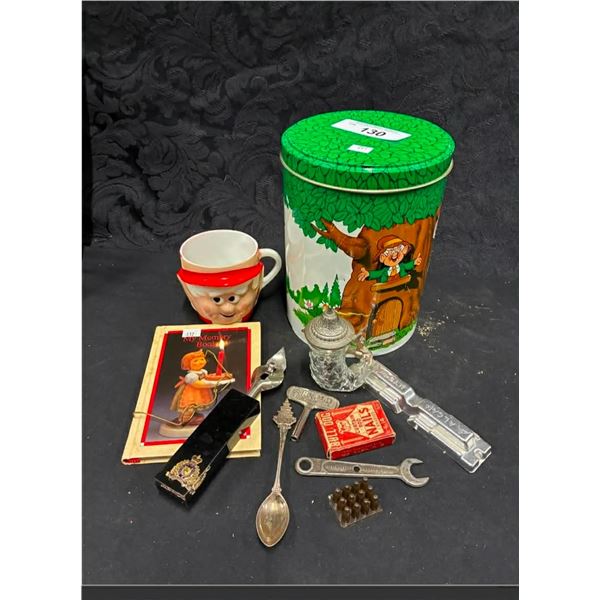 Vintage 1980s Keebler cookie tin with vintage collectables inside