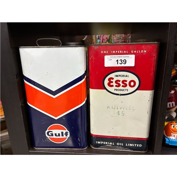 Vintage 1 gallon Imperial Esso and 1 Gallon Gulf oil cans.