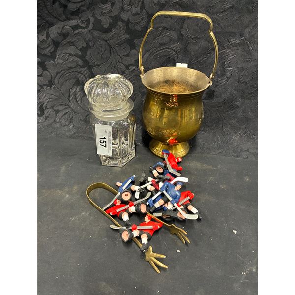 Brass pale with hockey figures and beautiful glass decanter