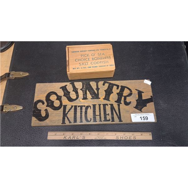 Country kitchen sign, cod fish box and ruler