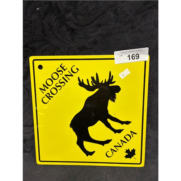Moose crossing tin sign, 9"x9"