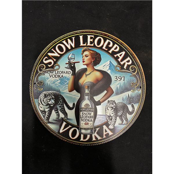 Snow leopard vodka metal sign, 8" di
