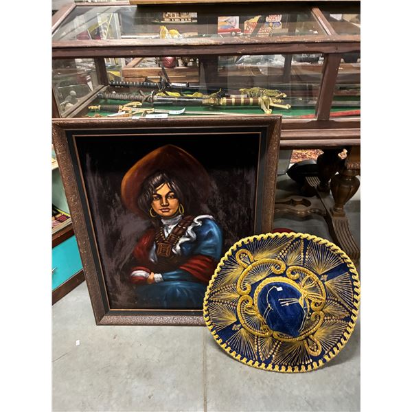 Velvet sombrero and velvet picture 1960s