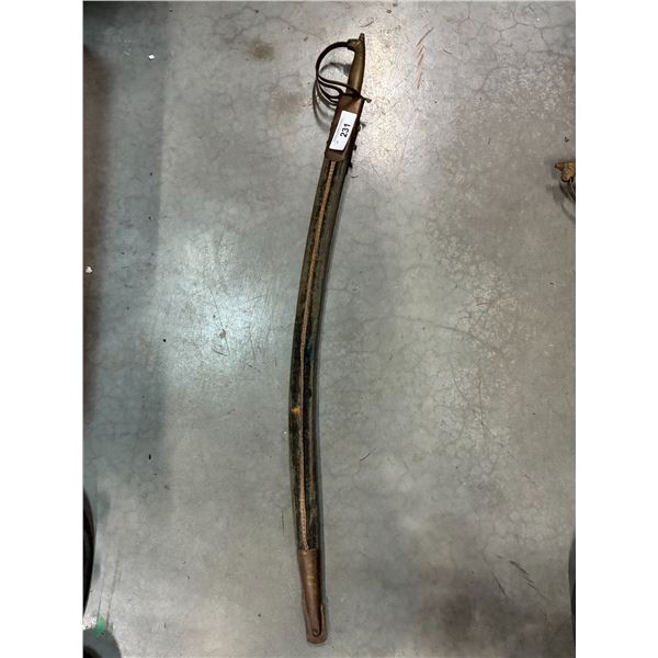 Sword with ornate handle and sheath, 35"