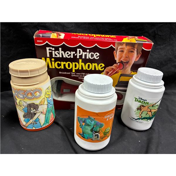 Collectable lot including NIB Fisher-Price microphone and 3 Disney thermoses