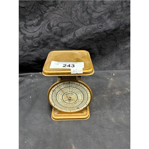 Vintage brass kitchen scale, 6" tall