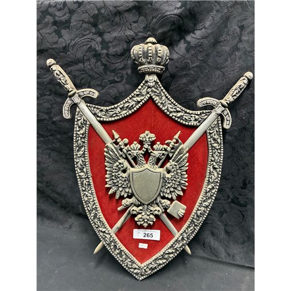Vintage coat of arms metal and velvet mounted on wood, 24"x18"