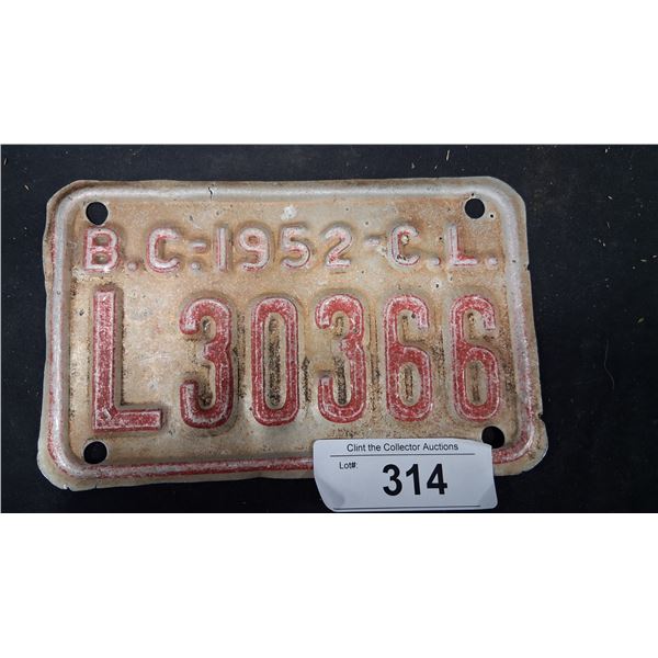 1952 BC trailer plate