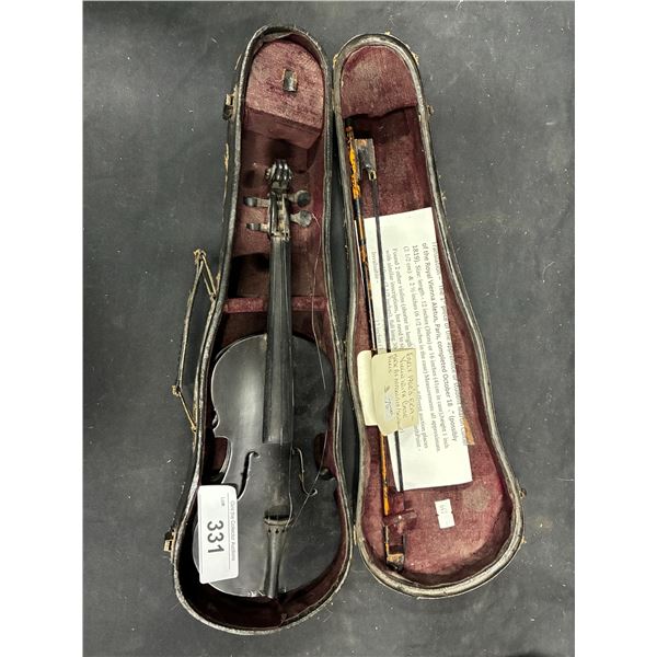 Early 1900s ear violin with case, made by apprentice/ student in Paris, 16"